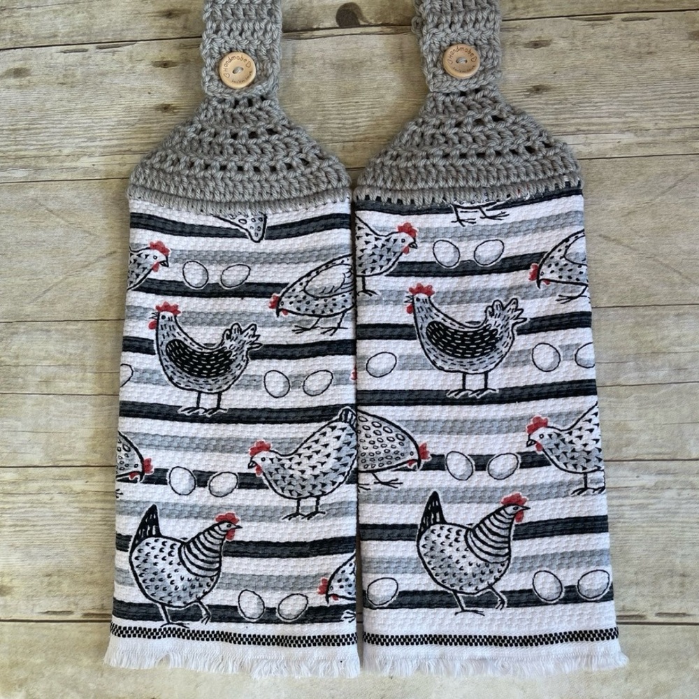 Chickens & Eggs Gray Tones Crochet Top Hanging Towels Set of Two